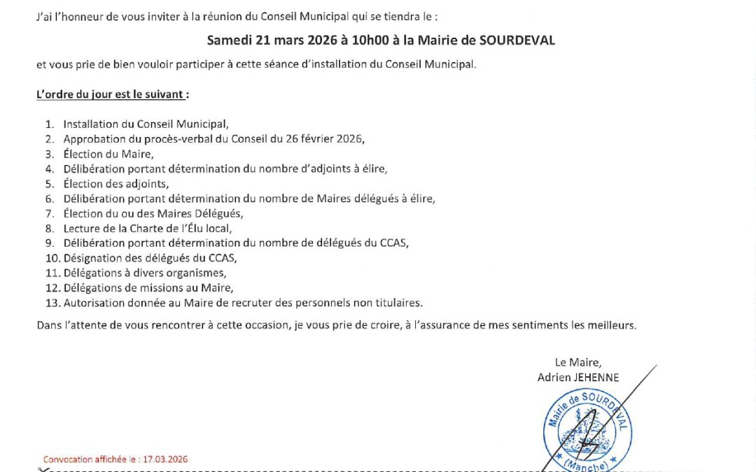 Installation du conseil municipal samedi 21 mars 2026 10h00